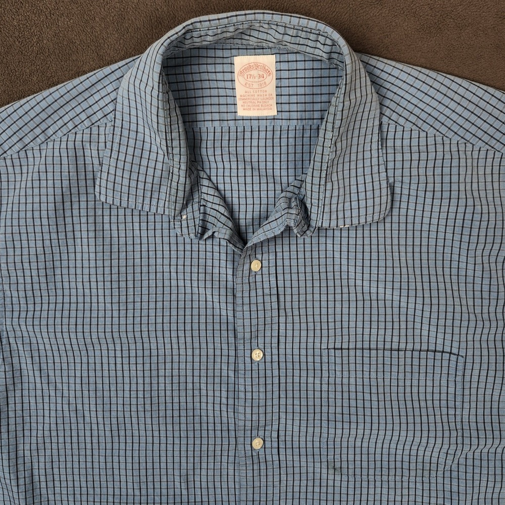Brooks Brothers Mens Dress Shirt 17 1/2-34‎ Blue Plaid Long Sleeve Cotton